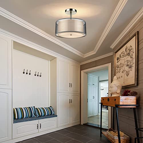 3-Light Semi Flush Mount Ceiling Light Fixture - Easric Modern Light Fixtures Ceiling Mount Drum Light Fixture with Double Fabric Shade Closed to Ceiling Lamp for Bedroom Kitchen Hallway Foyer, White