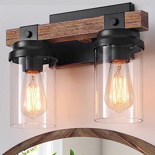 2-Light Farmhouse Vanity Lights for Bathroom, Rustic Bathroom Light Fixtures with Pretty Glass Shade, Black Industrial Wood Grain Wall Sconce for Bathroom Hallway Bedroom