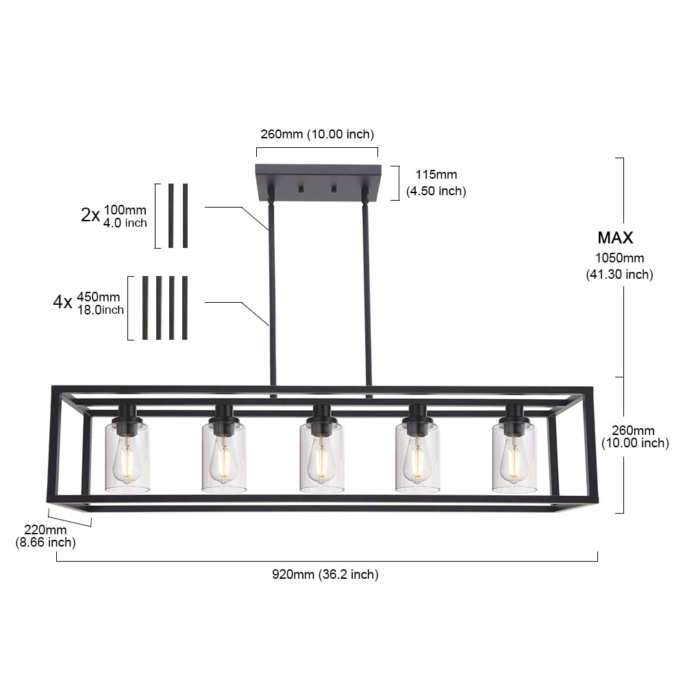 MELUCEE Black Chandeliers Rectangle 5 Lights Dining Room Lighting Fixtures Hanging Over Table, Kitchen Island Lighting Linear Pendant Light Ceiling with Clear Glass Shade and Brushed Brass Socket