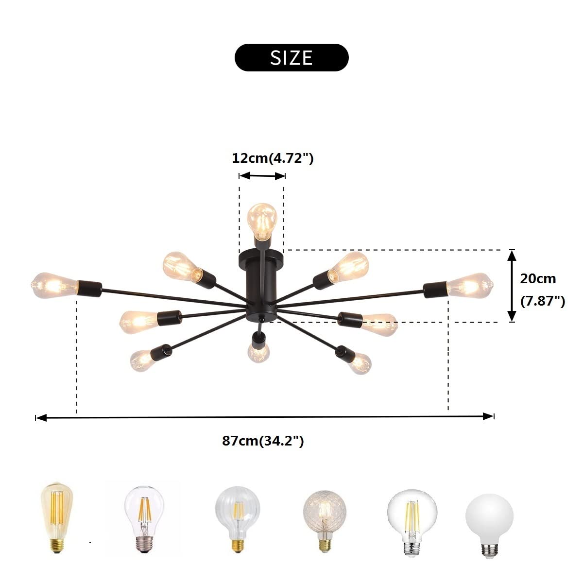 10 Lights Modern Sputnik Ceiling Chandelier Gold Industrial Ceiling Lamp Mid Century Semi Flush Mount Ceiling Light Fixture for Kitchen Dining Room Living Room Bedroom Foyer Lighting