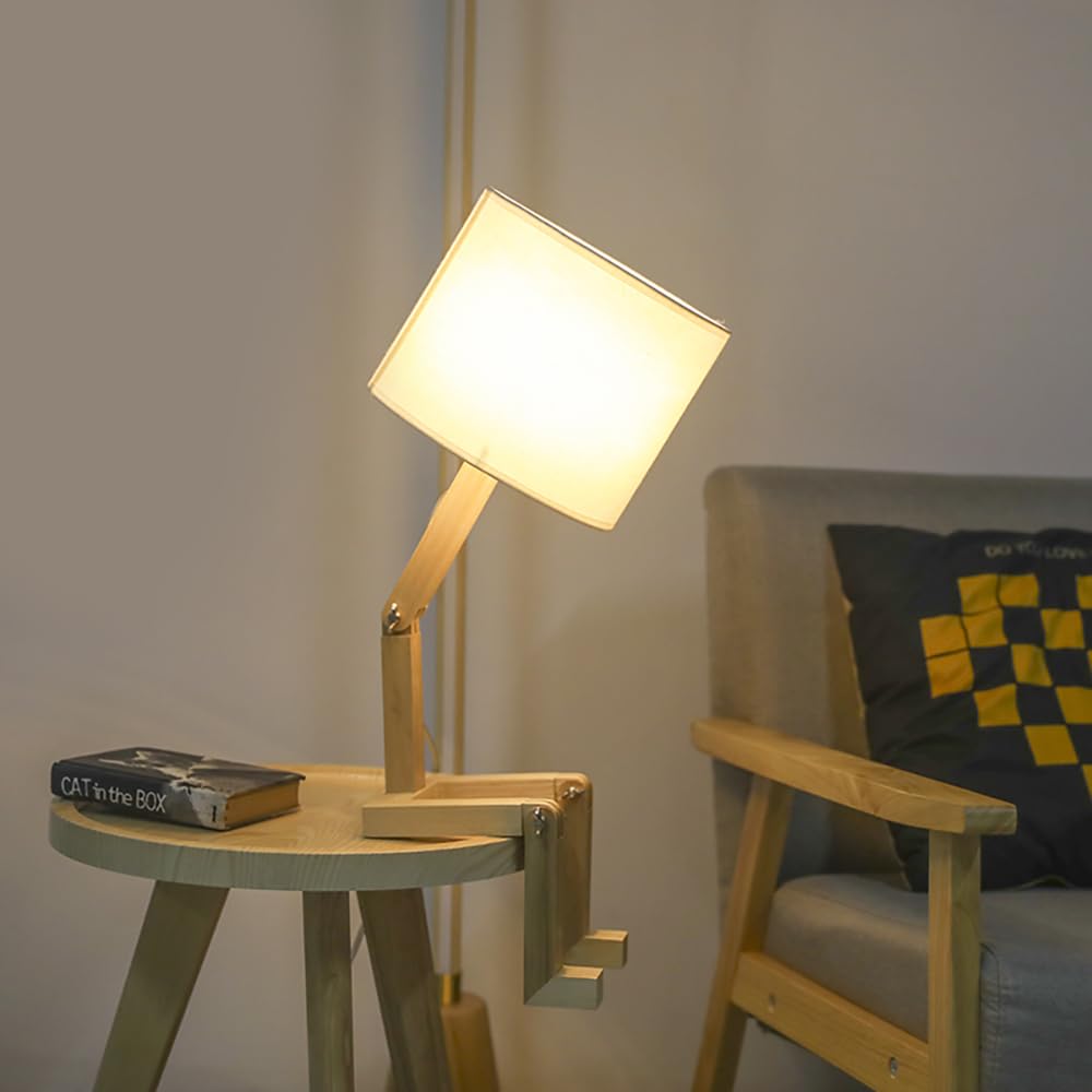 Cute Desk Lamp, Dimmable Robot Table Lamps, Wood Bedside Lamps Nightstand Lamp for Bedroom, Study, Office, Living Room