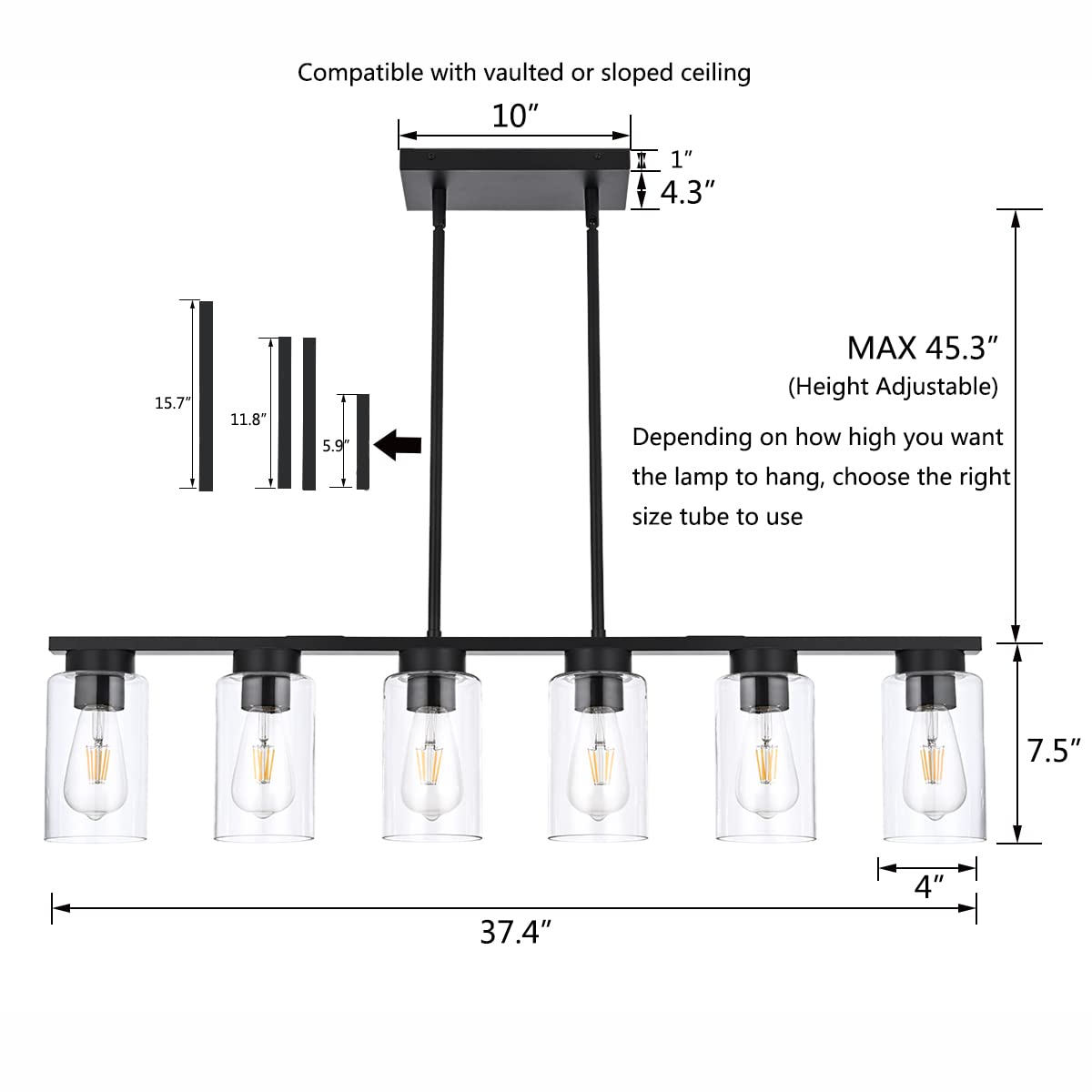 Modern Linear Farmhouse Chandelier, 6-Light Brush Nickel Kitchen Island Pendant Light with Glass Shade Fixture for Dining Room Foyer Bar Pool Table (Nickel)