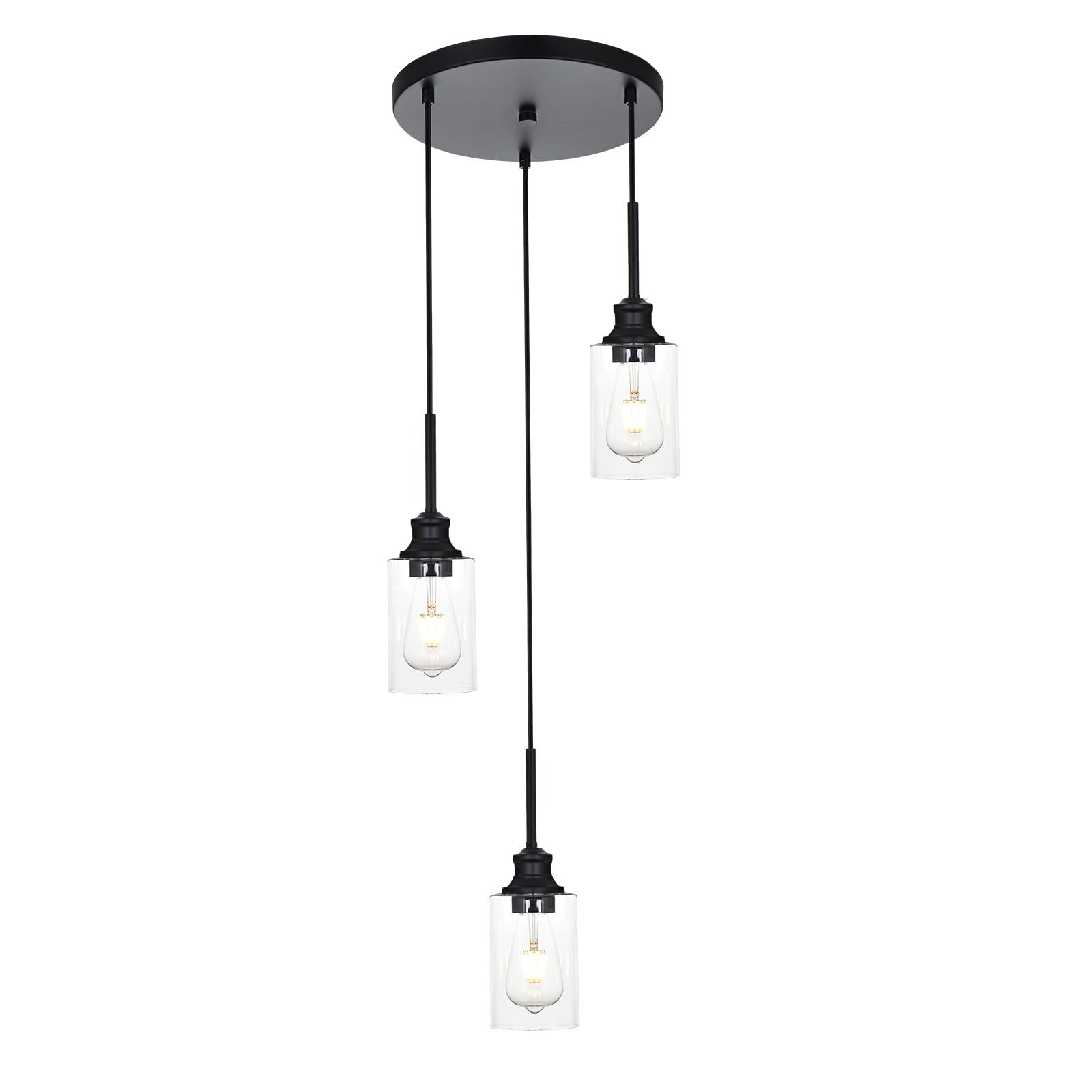 3-Light Kitchen Island Pendant Light Fixtures Hanging Black Farmhouse Pendant Lighting Cluster with Clear Glass Shade, Modern Industrial Linear Chandeliers Light for Dining Room Foyer Hallway