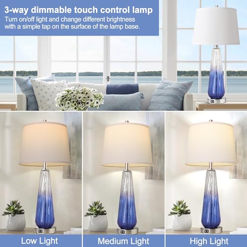 Table Lamps for Living Room with Touch Control, 3-Way Dimmable Bedside Lamps with 2 USB Ports, Modern Glass Nightstand Lamp with White Fabric Shade, 27.5" Large Lamps for Home Bedrooms Decorations