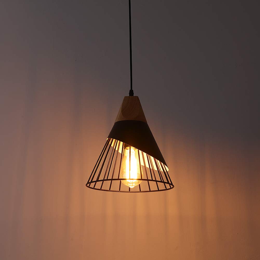 Modern Black Pendant Light Over Kitchen Island, Adjustable Wood Hanging Light Fixture,Industrial Pendant Lighting for Dining Room,Living Room,Bedroom,Hallway,Kitchen,Bar