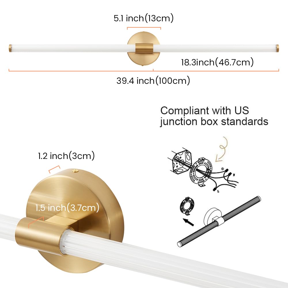 LED Bathroom Light Fixtures Gold Bathroom Vanity Lights Over Mirror 360° Full Lighting Dimmable LED 22 inch Vanity Light Bar Modern Wall Sconce Warm Light for Bedroom Living Room