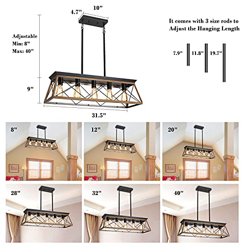 Farmhouse Chandeliers for Dining Room, Rustic Kitchen Island Light Fixture, 5-Light Linear Pendant Lighting Rectangular Chandelier, Metal Solid Ceiling Lights Black