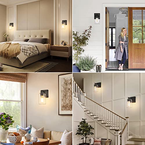 Set of 2 Wall Sconces for Bathroom, Modern Vanity Light Fixtures, Matte Black Wall Mount Lighting Lanterns, Farmhouse Wall Lights with Clear Glass Shade for Bedroom Living Room Mirror Hallway Kitchen