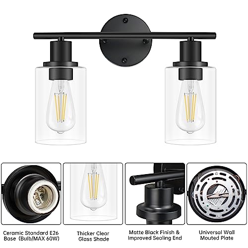 1-Light Bathroom Wall Sconce, Matte Black Vanity Light, Modern Wall Light Fixture with Clear Glass Shade and E26 Bulb Base, Wall Lamp Wall Mount Light Fixtures for Mirror, Bedroom, Hallway