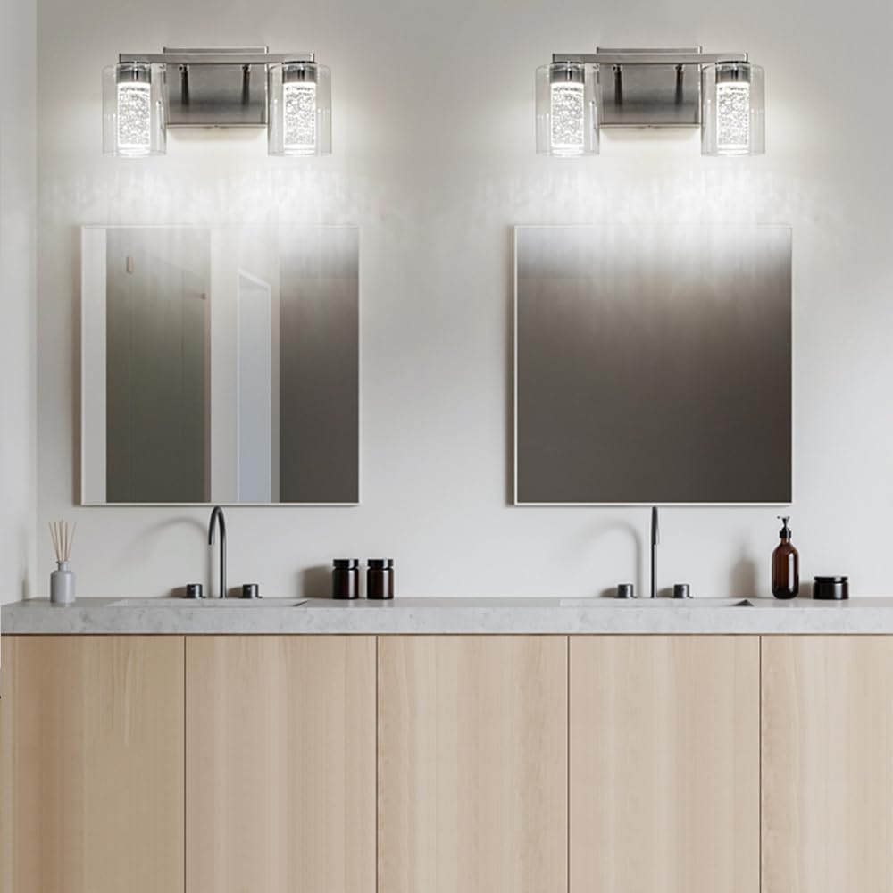 2-Light Brushed Nickel Vanity Light with 3 Color Modes (3000K/4000K/6000K), Eye Protection LED Bathroom Light Fixture, Dimmable Modern Wall Light Over Mirror with Clear Glass Shade