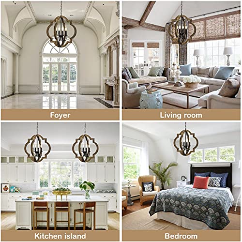 21.7" Farmhouse Wood Chandelier Light Fixture, 4-Light Handmade Distressed White Geometric Hanging Pendant Lighting for Dining Room, Kitchen Island, Entryway, stairwell (Colour: White)