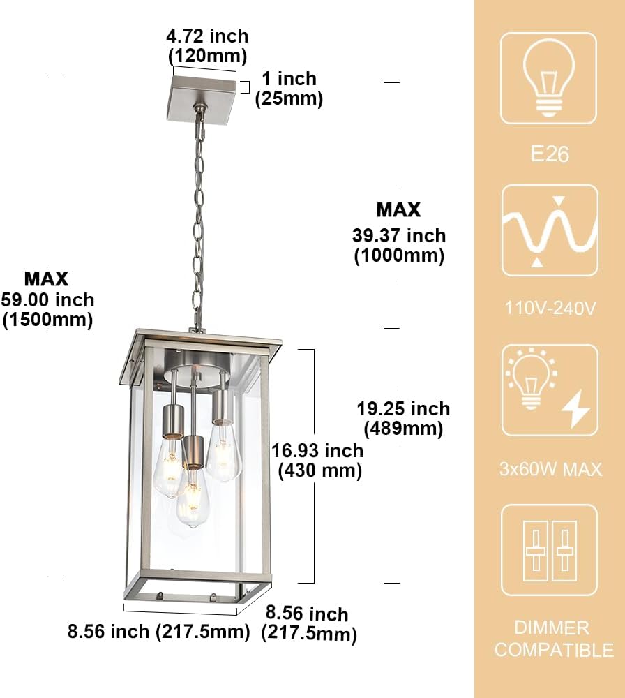 Lagre Outdoor Pendant Light Fixtures, Brushed Nickel Exterior Porch Hanging Lighting with Adjustable Chain, Clear Glass Panel Ceiling Lantern for Front Door Foyer Entryway, E26 Bulb Base