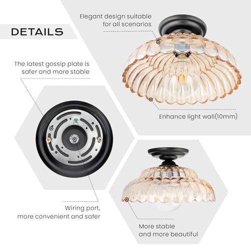 Ceiling Lights Semi Flush Mount Ceiling Light, Brown Glass Chandeliers, Black Base Modern Lighting, Light Fixture Suitable for Living Room Kitchen Bedroom Hallway... Bulb Not Included