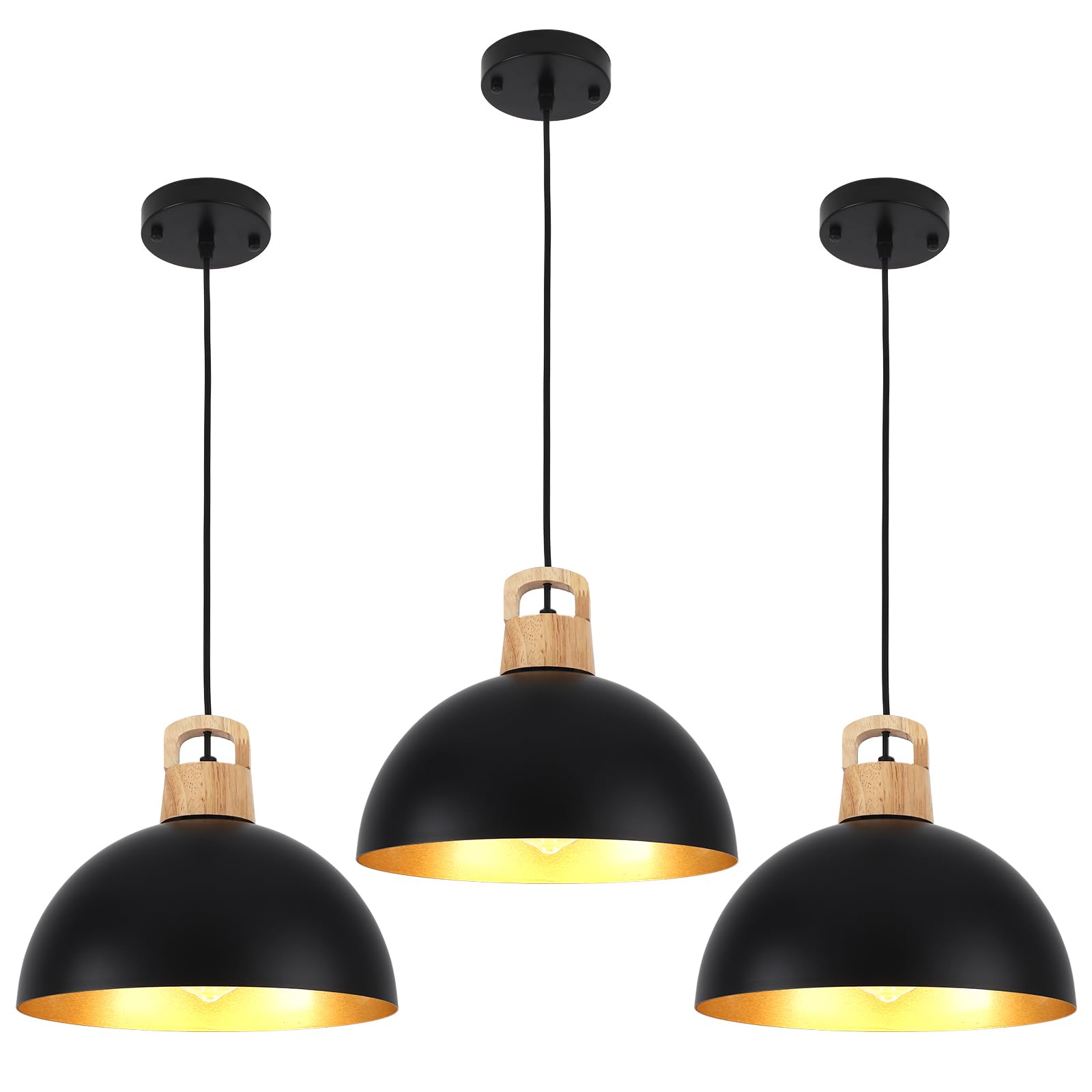 3 Pack Pendant Light Fixtures Farmhouse White Chandelier Kitchen Island Lighting 11.8" Industrial Modern Ceiling Dome Wood Hanging Light Fixture for Dining Room Bedroom Living Room Foyer Entryway,E26