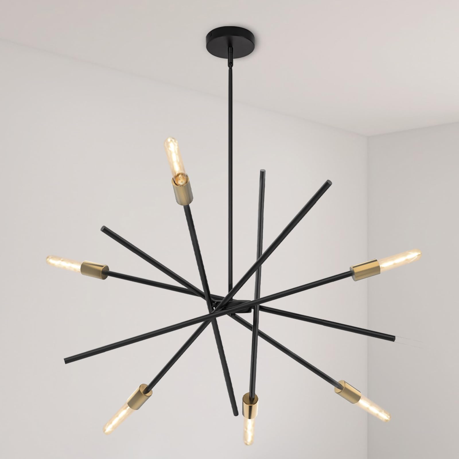 Mid-Century Modern Black and Brass 6-Light Sputnik Chandelier,Industrial Adjustable Chandelier Vintage Swag Metal Pendant Hanging Light for Living Dining Room Bedroom Restaurant Foyer Office