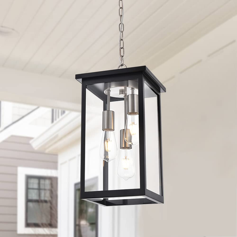 3-Lights Large Outdoor Pendant Light, Black Porch Ceiling Lighting Fixtures with Seeded Glass Panel, Exterior Hanging Lantern Adjustable Chain for Yard Entryway Patio