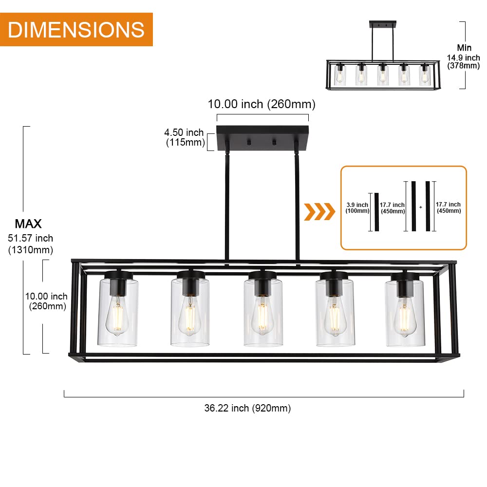 VINLUZ Contemporary Chandeliers Brushed Nickel 5 Light Modern Dining Room Lighting Fixtures Hanging, Kitchen Island Linear Pendant Lights Farmhouse Flush Mount Ceiling Light with Glass Shade