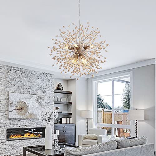 Modern Wooden Beads Dandelion Chandelier, Firework Pendant Lighting, 8-Lights Boho Hanging Light Fixture for Living Room Dining Room Bedroom Kitchen Foyer（Bulb is Included）