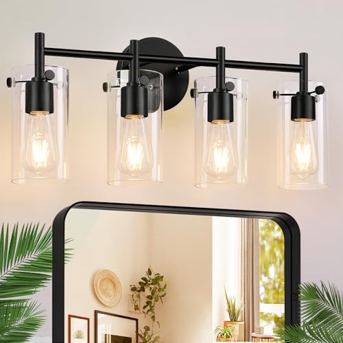 Bathroom Light Fixtures 2023 Upgrade, 3-Light Matte Black Bathroom Vanity Light, Black Bathroom Lights Over Mirror with Clear Glass Shade, Bathroom Wall Sconces for Mirror Bedroom Living Room Hallway