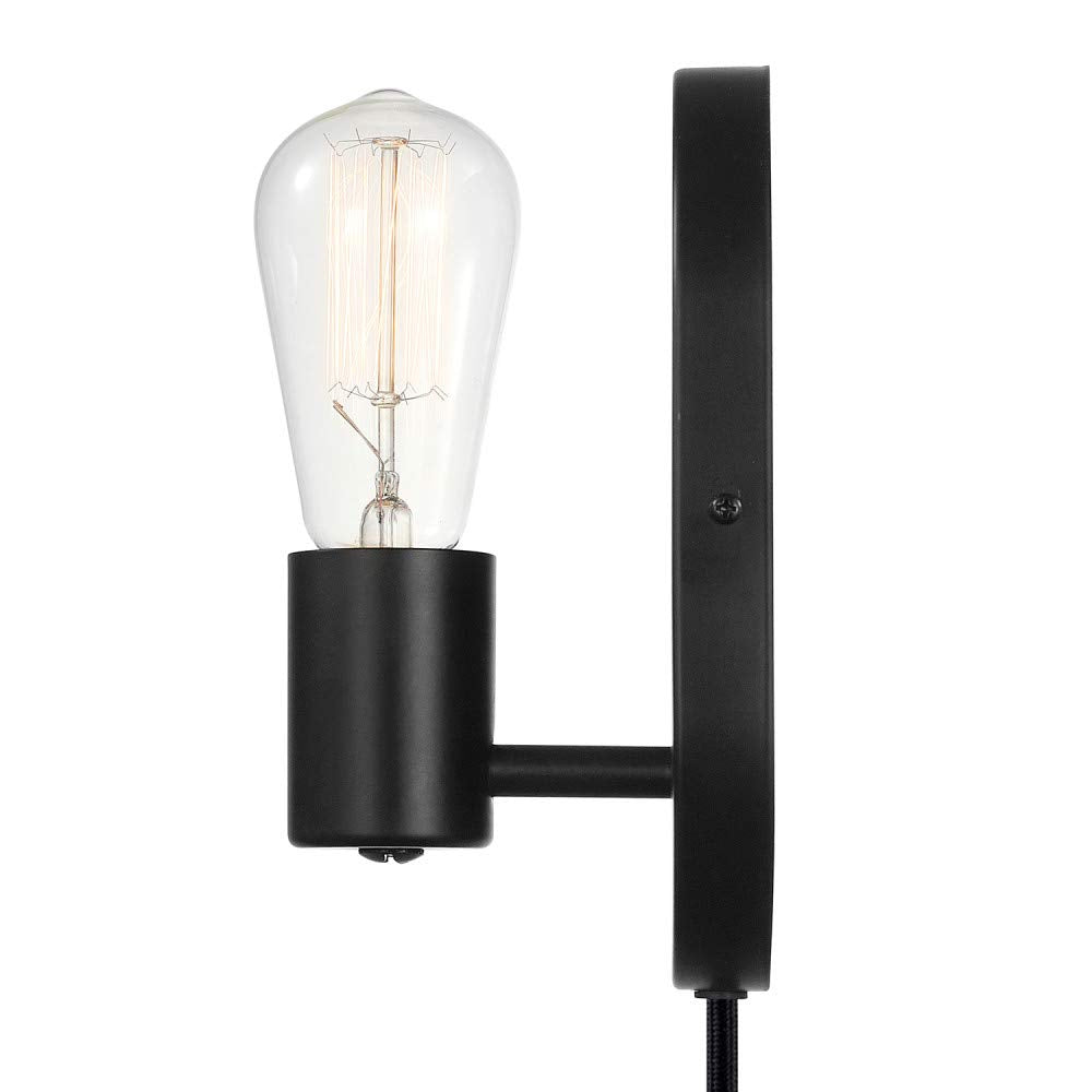 Globe Electric 51725 1-Light Dimmable Plug-in or Hardwire Wall Sconce, Matte Black, Faux Walnut Accent, Stepless Dimming Rotary Switch on Canopy, Black Fabric Cord, Bulb Not Included