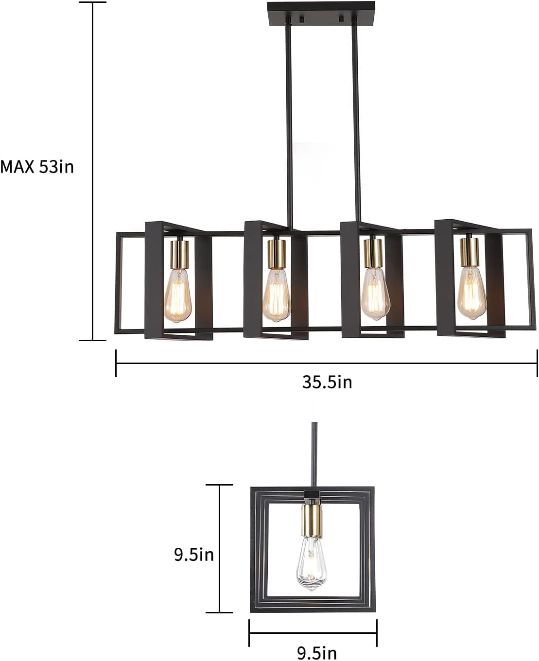 9MMML 3 Lights Kitchen Island Lighting, Modern Rectangle Linear Pendant Light, Black Frame+ Gold Socket Chandelier for Dining &Living Room Foyer Entryway Hallway,E26,Height Adjustable.