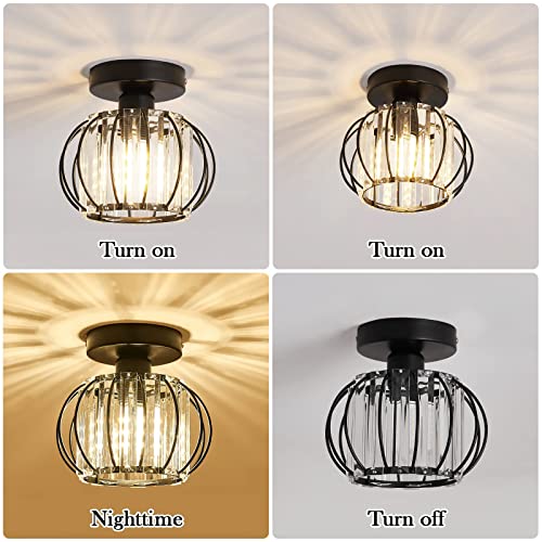 Semi Flush Mount Ceiling Light Fixture Antique Small Crystal Chandelier Indoor Lighting for Bathroom Hallway Cafe Bar Porch Hall（Black）