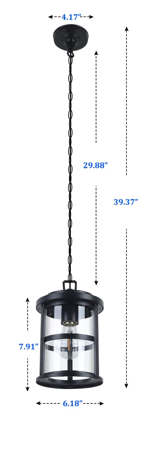 Outdoor Pendant Lantern, Pendant Light in Black Finish for Porch, 1-Pack Exterior Hanging Lantern with Clear Glass and Adjustable Chain,Gazebo Light Fixture for Patio Garage Entryway