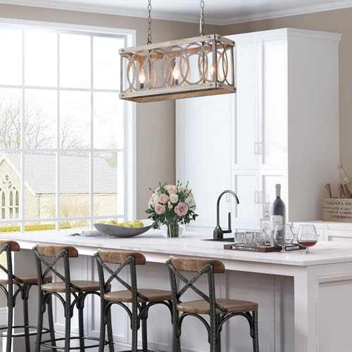 Kitchen Island Light Fixtures Dining Room Distressed White Rectangular Modern Farmhouse Chandelier, 3-Light Metal Rustic French Country Pendant Lighting Ceiling Light Hanging Lamp, No Wood