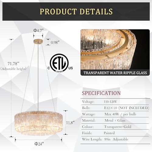 Modern Gold Chandeliers,20” Crystal Glass Pendant Ceiling Light Fixtures 7-Light Round Chandelier Luxury 2 Tiers Hanging Chandelier for Dining Room Foyer Living Room Bedroom