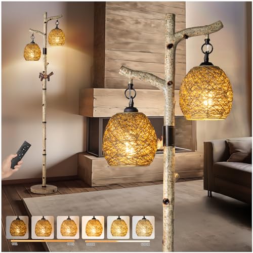 68.5" Rustic Farmhouse Remote Control Switch Birch Tree Floor lamp with Bird Nest Lantern Shade Vintage Standing Lamp for Living Room Bedroom Hotel Bar Office Wood House(LED Bulb Included)