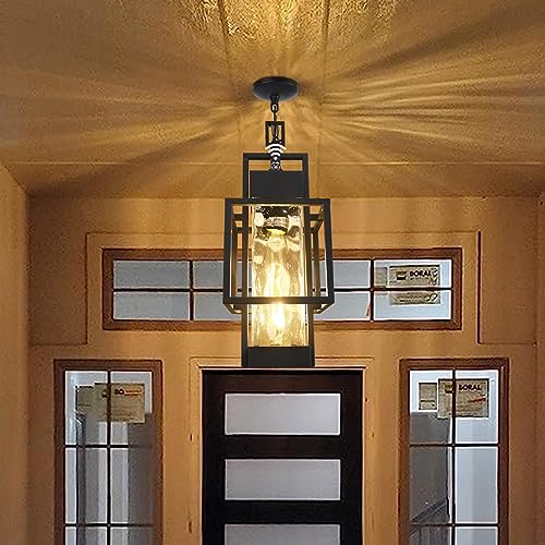 15" Dusk to Dawn Outdoor Pendant Light Exterior Hanging Lantern, Modern Black Metal Outside Chandelier Light Fixture Ceiling Mount with Water Glass for Front Porch Entrance Foyer Entryway