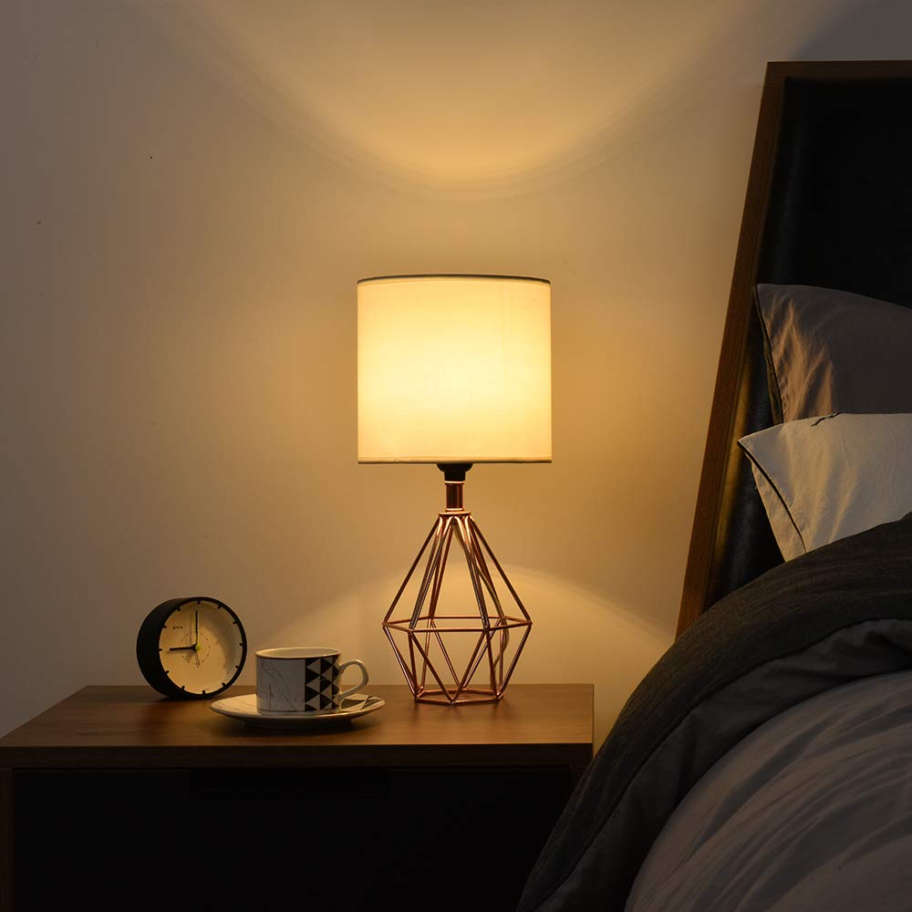 Gold Modern Hollow Out Base Bedroom Small Table Lamp,Bedside Nightstand Lamp with Geometric Metal Base White Fabric Shade,Cute Desk Lamp for Kids Living Room