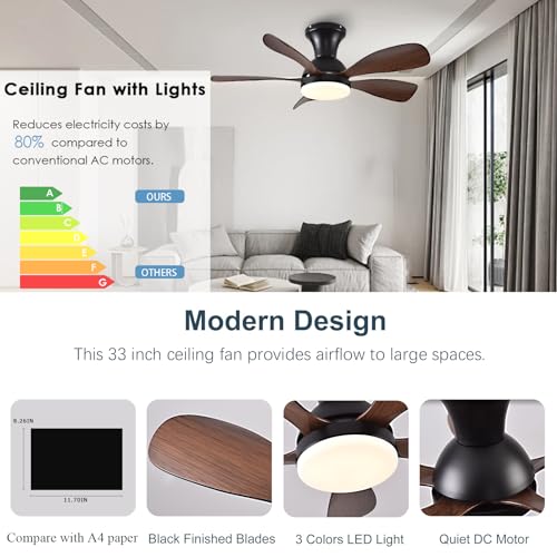 33In Black Low Profile Ceiling Fans with Lights and Remote/APP Control, Modern Flush Mount Ceiling Fan with 5 Reversible Blades for Outdoor Patio,Small Room,Bedroom…