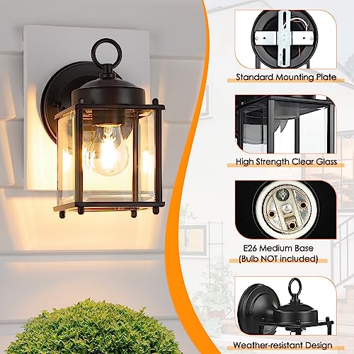 Outdoor Wall Lantern, Exterior Waterproof Wall Sconce Light Fixtures, Black Front Door Wall Lighting with Clear Beveled Glass Shade, 2 Pack