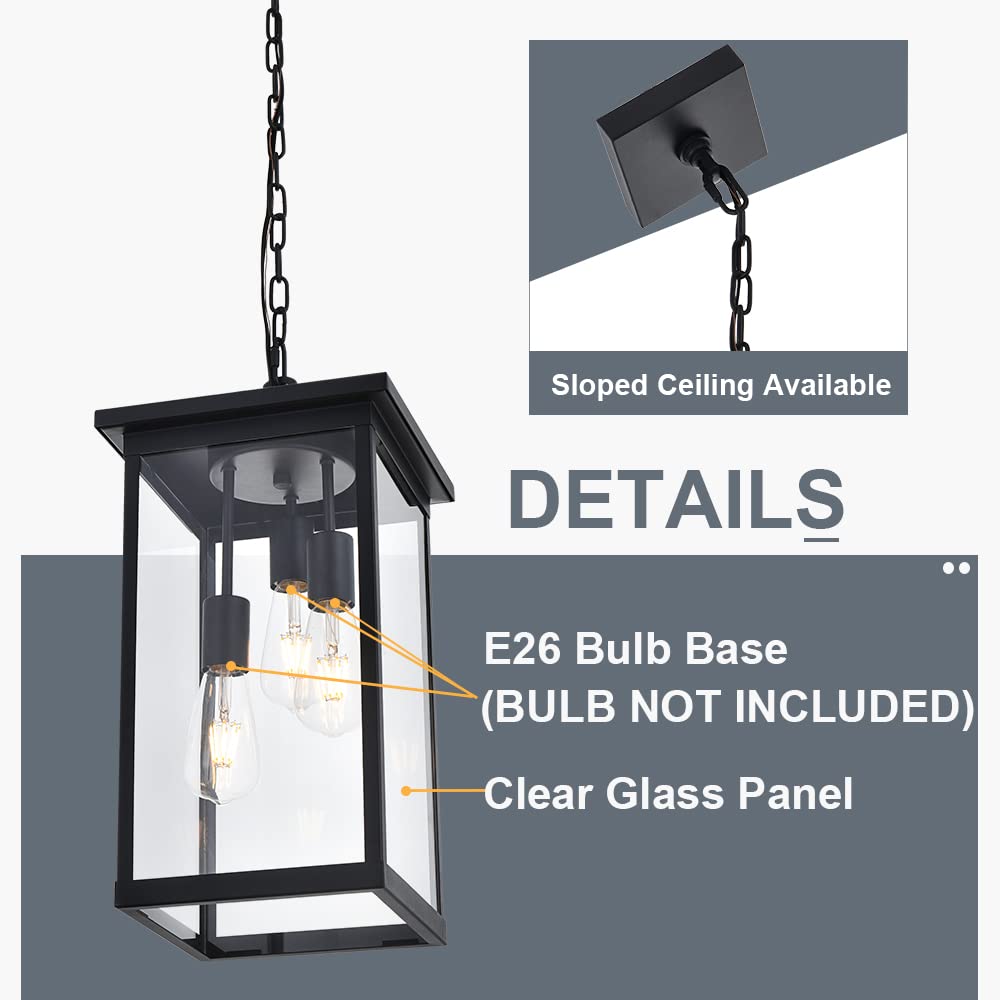 3-Lights Large Outdoor Pendant Light, Black Porch Ceiling Lighting Fixtures with Seeded Glass Panel, Exterior Hanging Lantern Adjustable Chain for Yard Entryway Patio