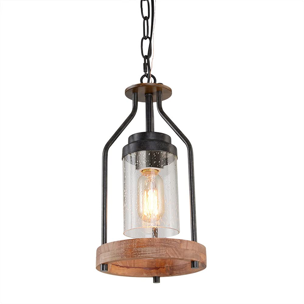 Wooden Ring Hemp Rope Chandelier Retro Farmhouse Pendant Lighting Round Wagon Wheel Light Fixtures 3 Lights with Glass Shade, Brown (C0047)