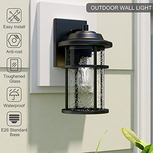 Outdoor Wall Lantern, Exterior Waterproof Wall Sconce Light Fixture, Anti-Rust Black Wall Mount Lighting with Seeded Glass Shade, E26 Socket Front Porch Lights for Outside, Modern House, Garage, Patio