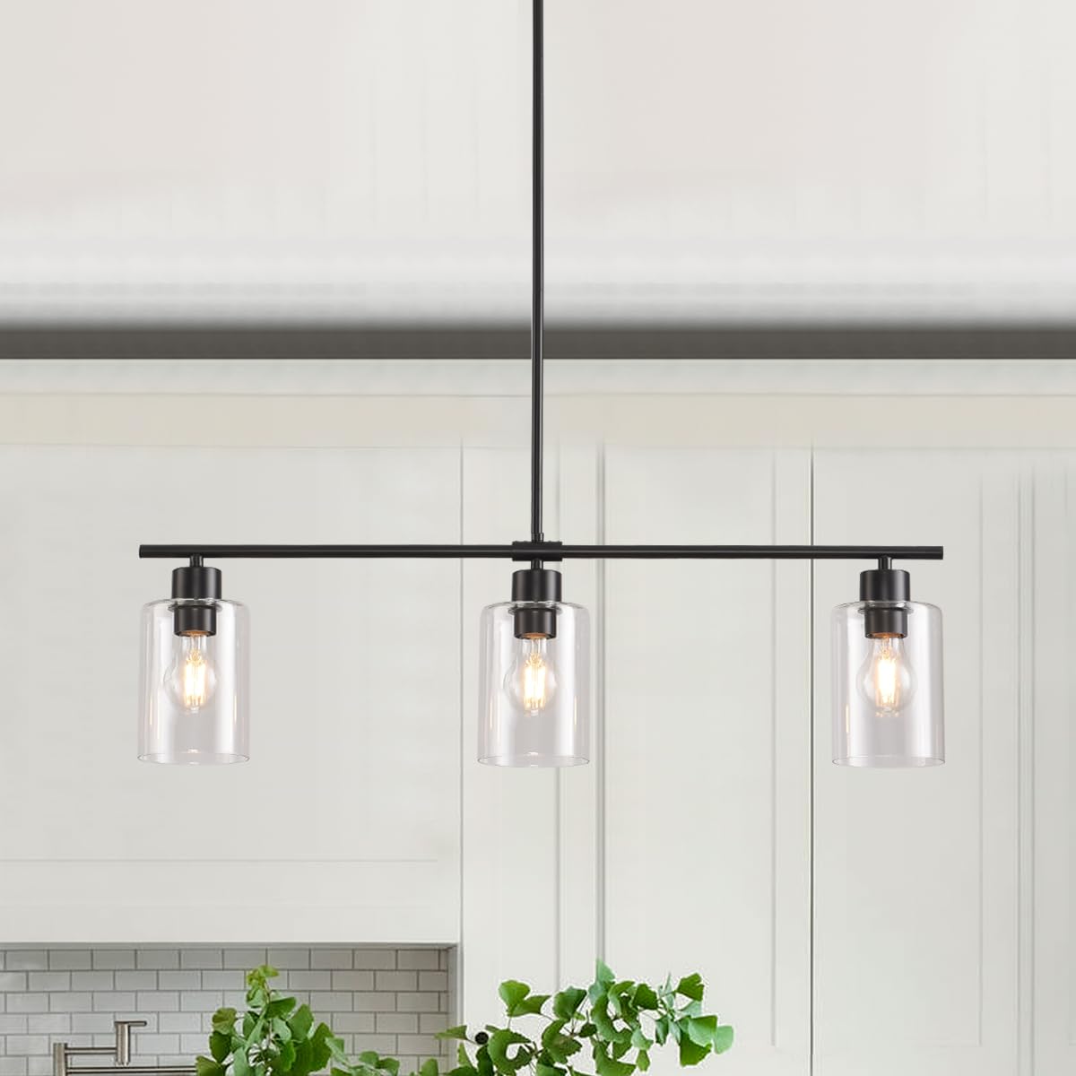 3 Lights Pendant Lighting for Kitchen Island,3 Tier Linear Pendant Chandeliers with 1 Base,Modern Farmhouse Island Light with Clear Glass,Adjustable (Black Island 3 Tier Stem Rod)