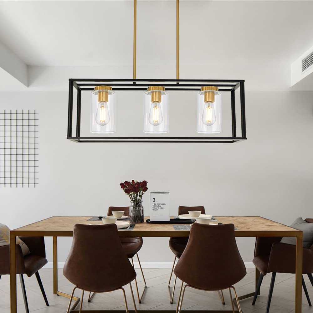 3-Light Industrial Metal Large Pendant Lighting Oil Rubbed Bronze Modern Linear Chandelier with Clear Glass Shades Farmhouse Rustic Ceiling Light Fixtures Hanging for Dining Room Kitchen Island