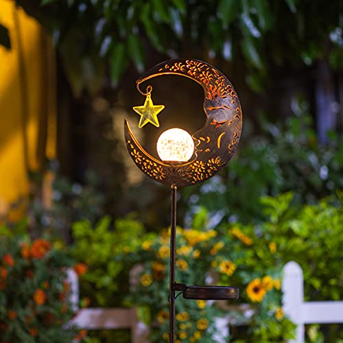 Solar Lights Outdoor Decor Moon Lantern for Patio,Lawn or Pathway Moon Decorations Crackle Glass Globe Stake Metal Lights Waterproof Warm LED Garden Gifts (Bronze)