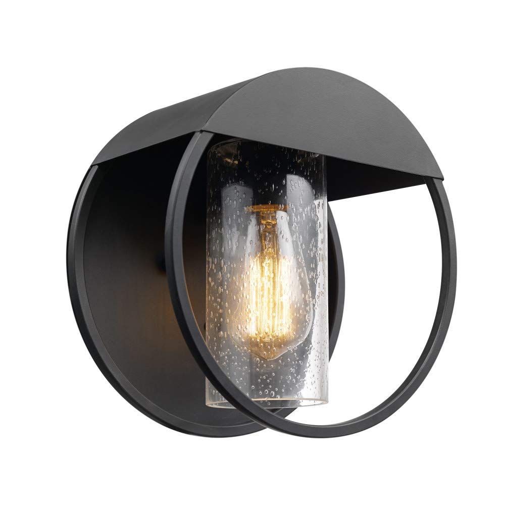 1-Light Outdoor Wall Sconce, Matte Black, Brass Accent, Clear Seeded Glass Shade, Outdoor Lighting Modern, Front Porch Décor, Outdoor Light Fixture, E26 Bulb, Patio Decor