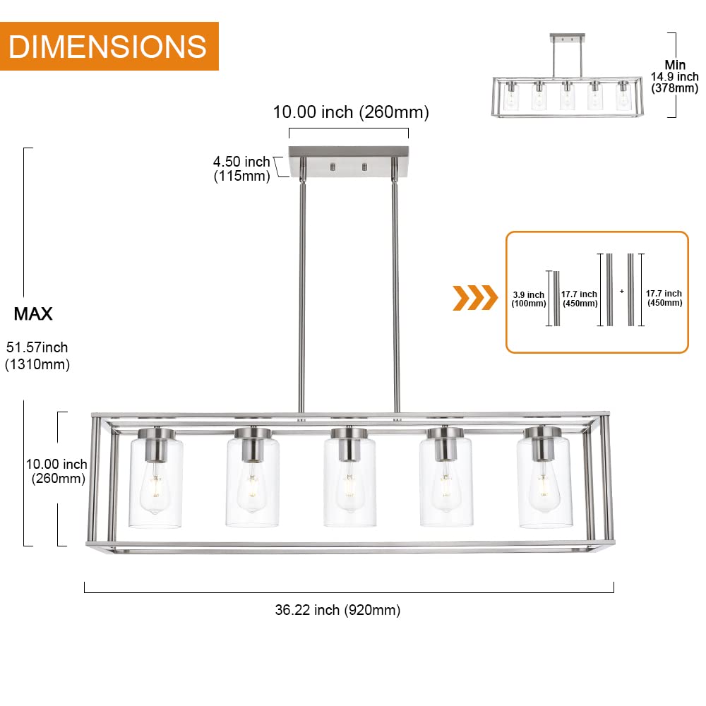 VINLUZ Contemporary Chandeliers Brushed Nickel 5 Light Modern Dining Room Lighting Fixtures Hanging, Kitchen Island Linear Pendant Lights Farmhouse Flush Mount Ceiling Light with Glass Shade