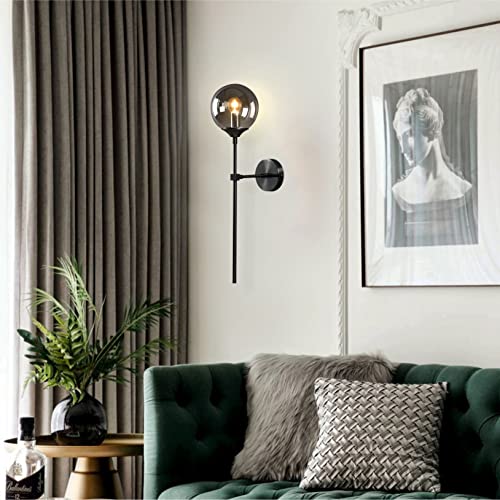 Lighting Modern Smoke Grey Glass Globe Black Matte Slim Wall Sconce Light with Long Arm Vintage Industrial Wall Sconce for Hallway, Stairs, Bathroom Mirror