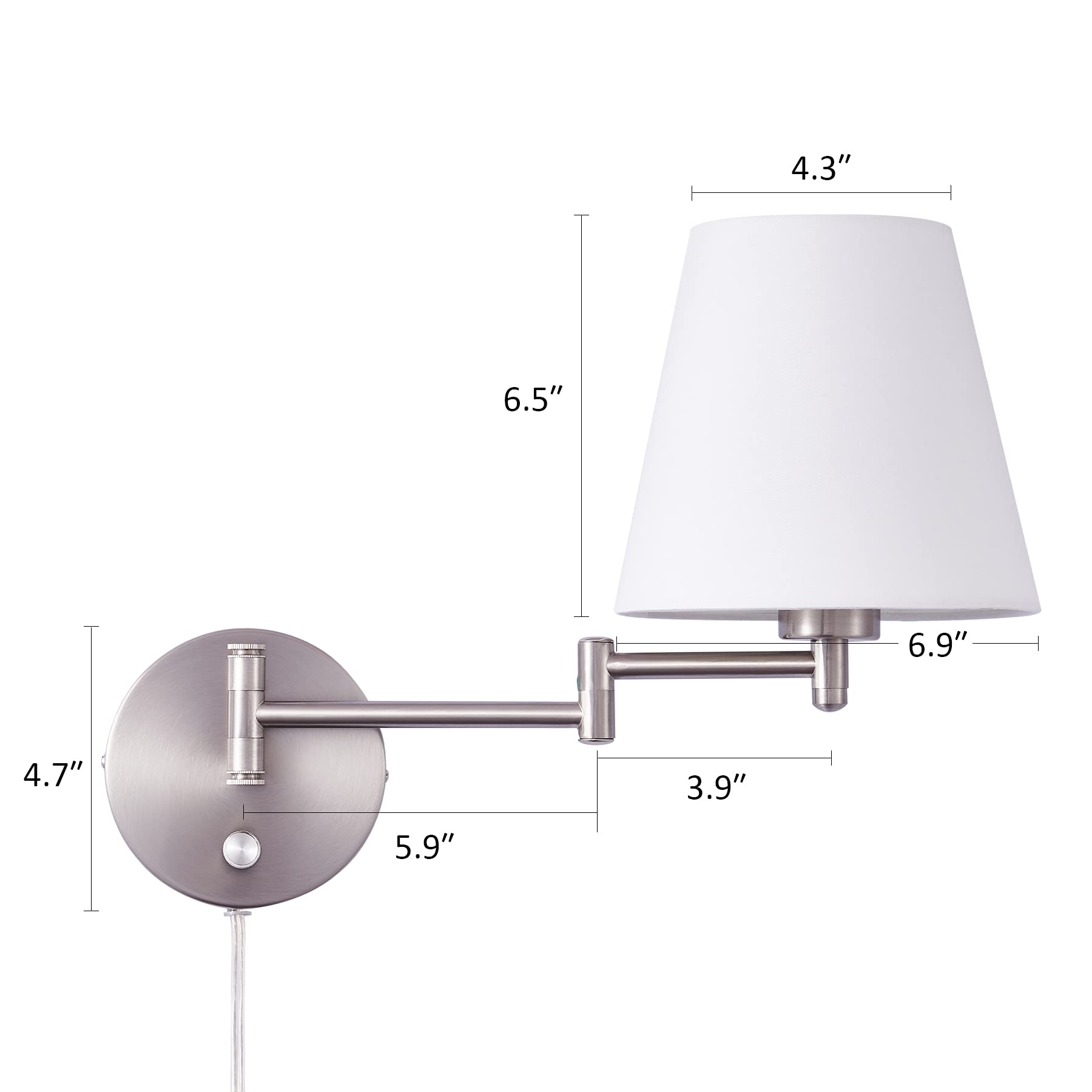 Modern Adjustable Swing Arm Wall Lamp Brushed Nickel, Plug-in Wall Sconce Lighting for Bedroom Bedside, Living Room, Kitchen, Hallway, Wall Mounted Light Fixtures with White Fabric Shade