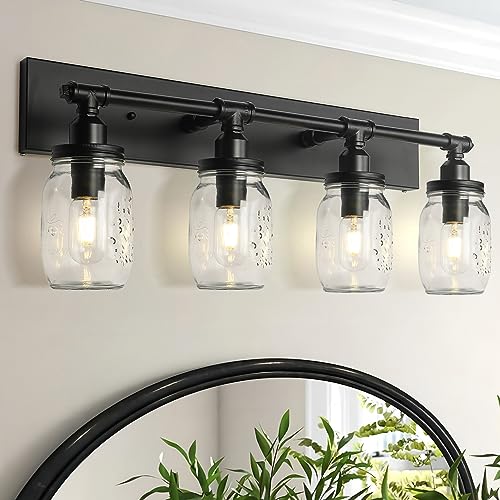 Bathroom Wall Light Fixtures, Industrial Mason Jar Vanity Light, Wall Sconce with Black Finish (3 Lights)