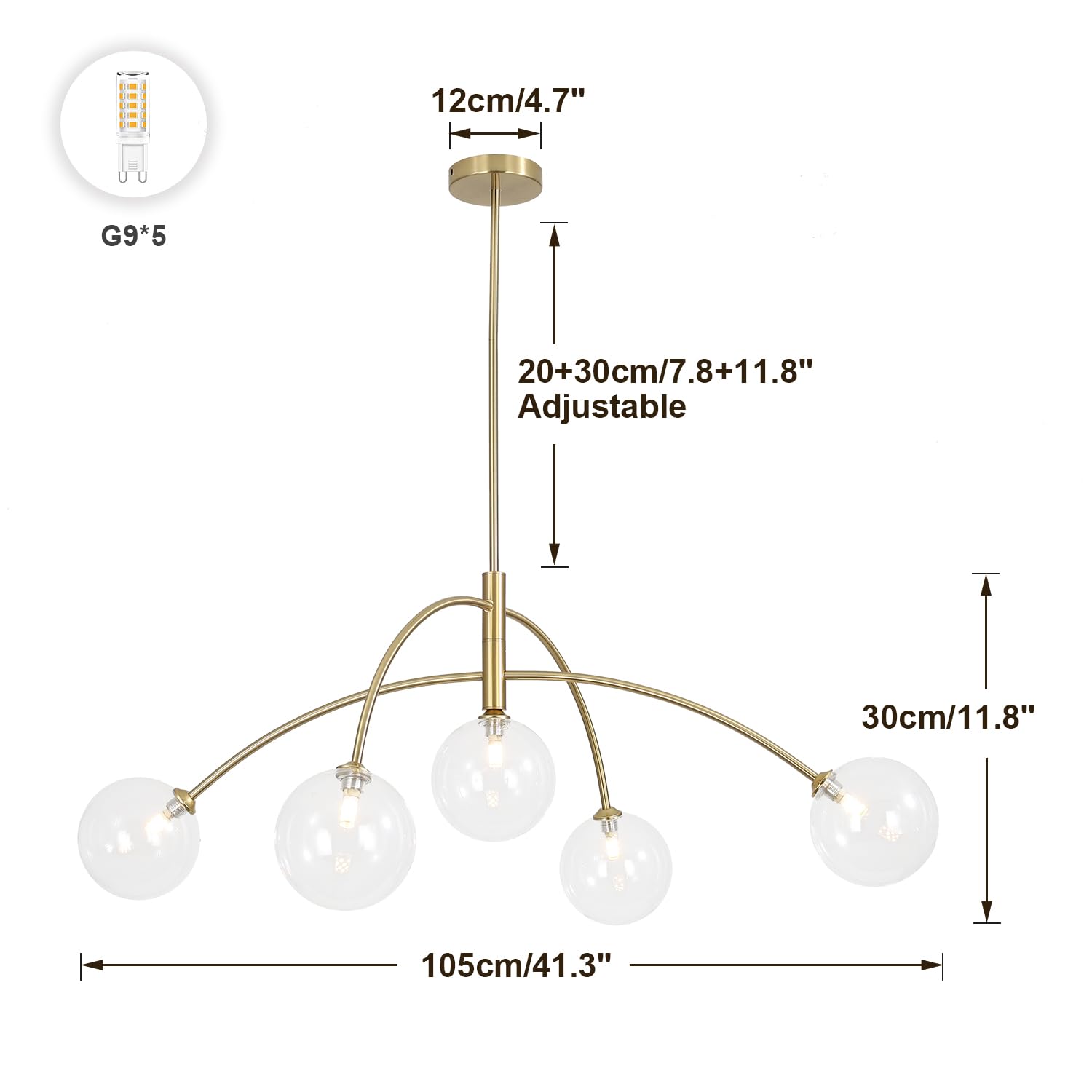 5 Light Modern Brass Chandelier Fixture White Clear Globe Glass Shade Pendant Light Gold Kitchen Ceiling Large Chandelier for Dining Room Kitchen Bedroom