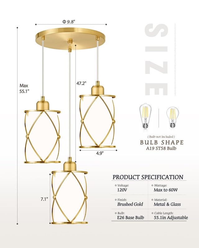 Brushed Gold Pendant Light Fixtures, 3-Light Modern Dining Room Cluster Pendant Light with Milky Glass, Mid Century Cage Hanging Pendant Lighting for Kitchen, Adjustable, CH9176BGW3