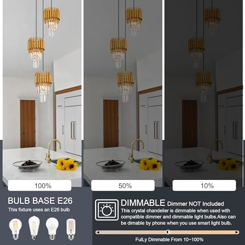 Gold Crystal Pendant Light Mini Modern Luxury Crystal Pendant Light Perfect for Dining Room, Bedroom, Kitchen, Living Room 3-Pack