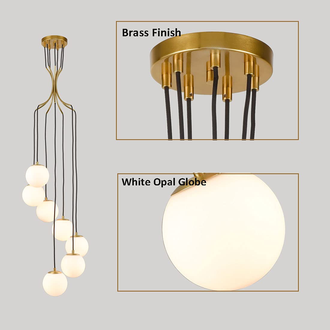 Mid Century Modern Pendant Lighting 4-Light Globe Chandeliers White Opal Glass Shade Brass