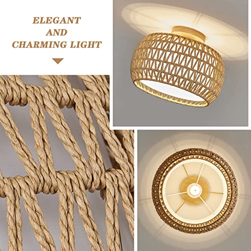 Rattan Ceiling Light Fixtures, Hand-woven Boho Flush Mount Ceiling Light, Handmade Rattan Light Fixtures Ceiling Mount with Fabric Shade, Farmhouse Light Fixture for Bedroom Hallway Entryway (White)